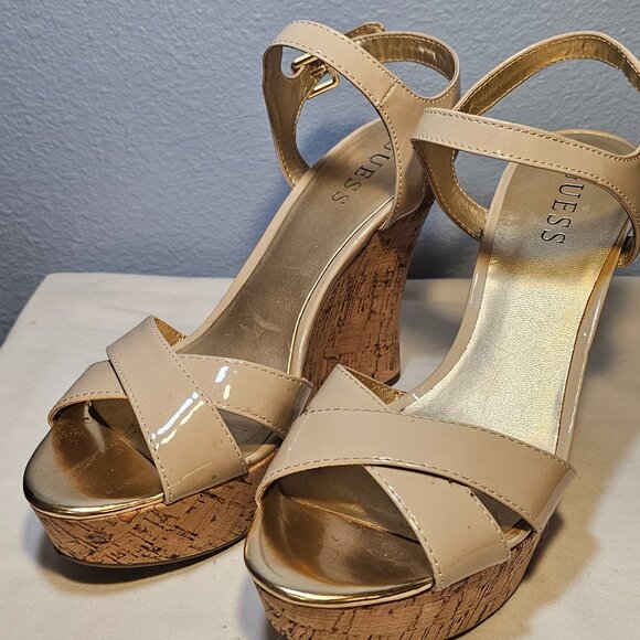 GUESS Tan Patent Leather Platform Cork Sandals - Picture 2 of 12